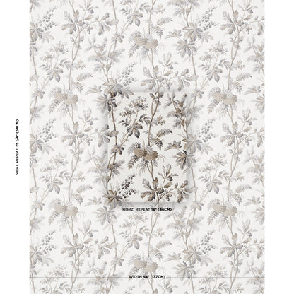 Neutral botanical wallpaper with grey-beige floral stems on white, vintage-inspired wall covering.