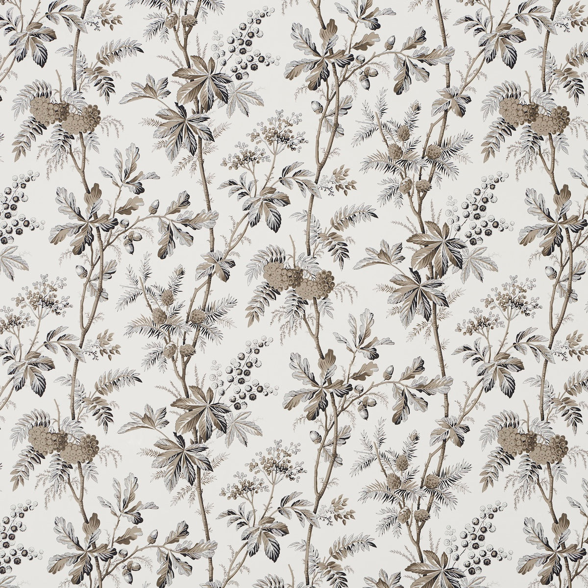 Neutral botanical wallpaper with taupe-gray stems, leaves and berry clusters on off-white background.