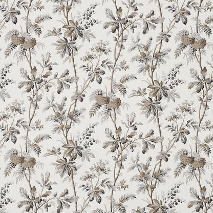 Neutral botanical wallpaper with taupe-gray stems, leaves and berry clusters on off-white background.