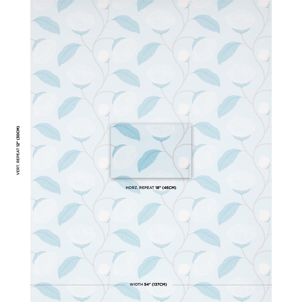 Soft blue wallpaper featuring pale blue leaves and white berry-like buds on tan stems; repeating botanical pattern.