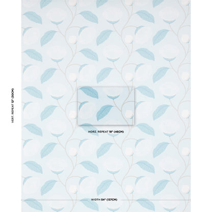 Soft blue wallpaper featuring pale blue leaves and white berry-like buds on tan stems; repeating botanical pattern.