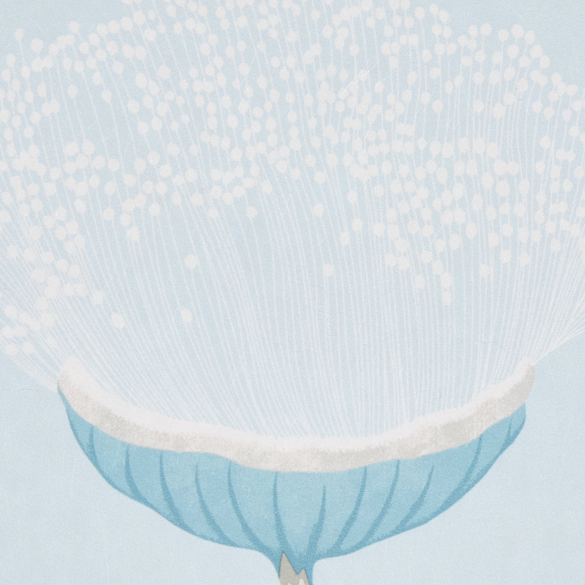 Pastel blue bowl with white rim, airy white filament bouquet with tiny beads radiating upward.