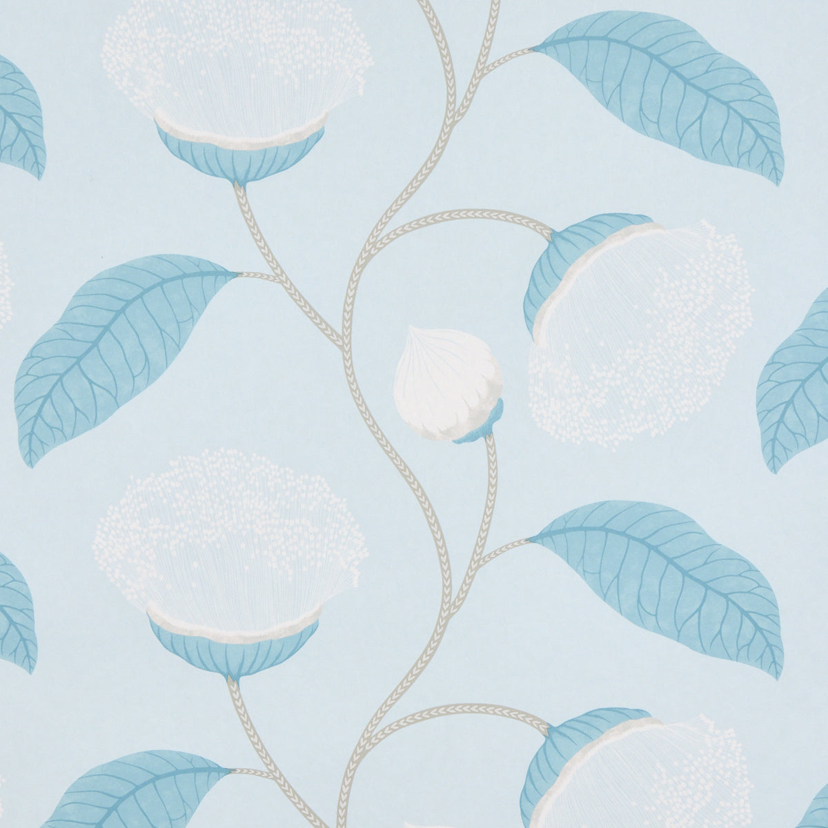 Soft blue wallpaper with beige braided vines, blue leaves and white fluffy blossoms in a botanical pattern.