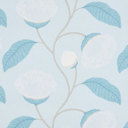 Soft blue wallpaper with beige braided vines, blue leaves and white fluffy blossoms in a botanical pattern.