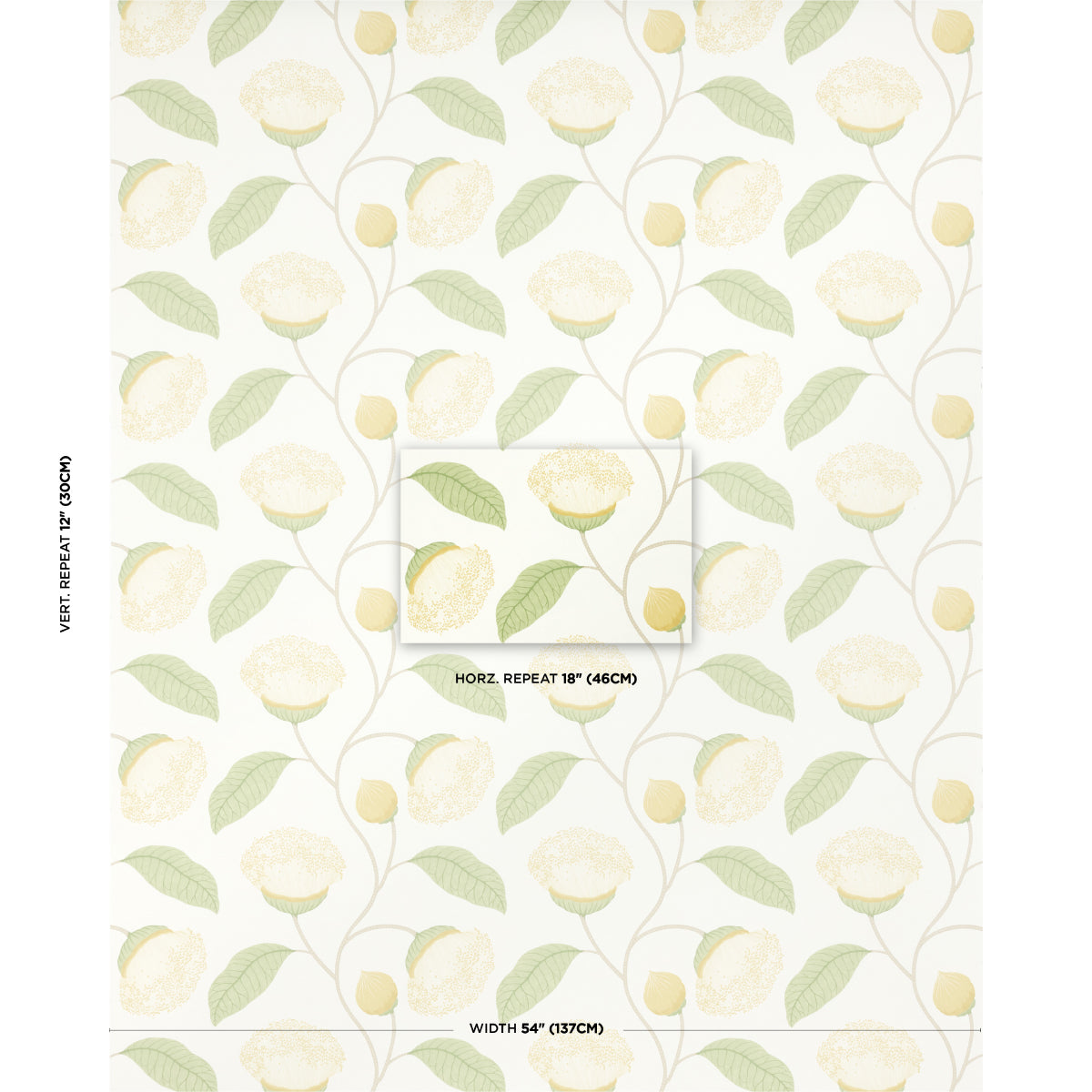 Cream wallpaper featuring pale yellow citrus blossoms and green leaves in a seamless botanical pattern.