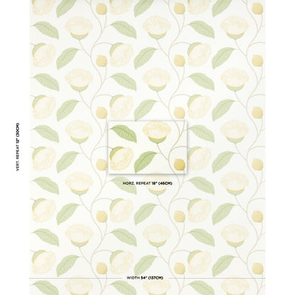 Cream wallpaper featuring pale yellow citrus blossoms and green leaves in a seamless botanical pattern.