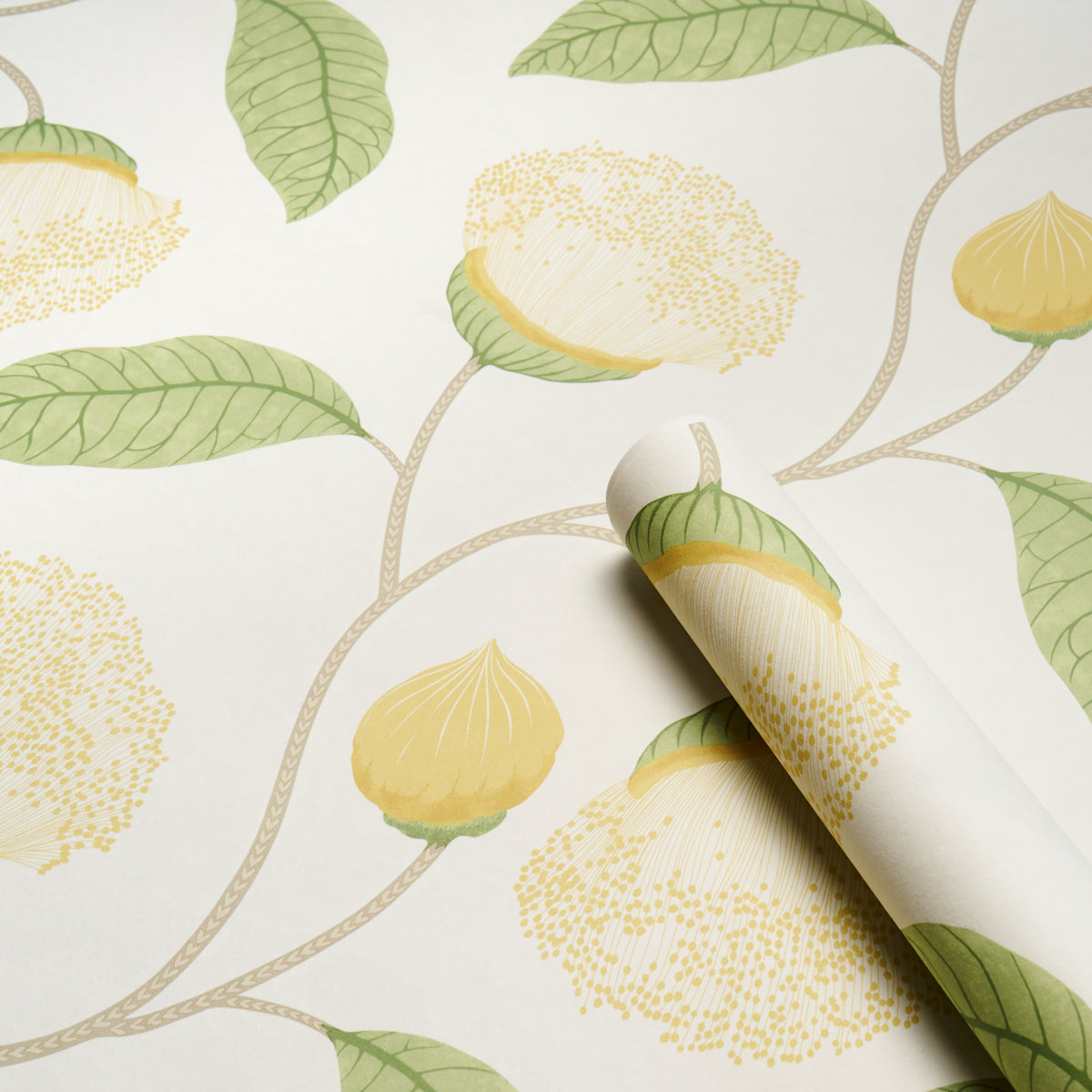 Cream wallpaper with green leaves and pale yellow flower clusters on curling beige vines; rolled edge sample.