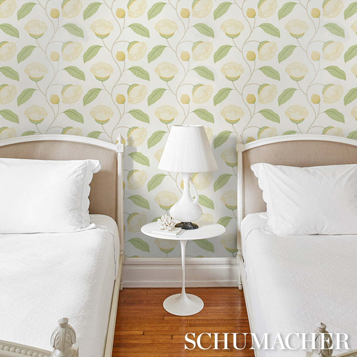 Lemon-yellow wallpaper with a green leaf pattern.