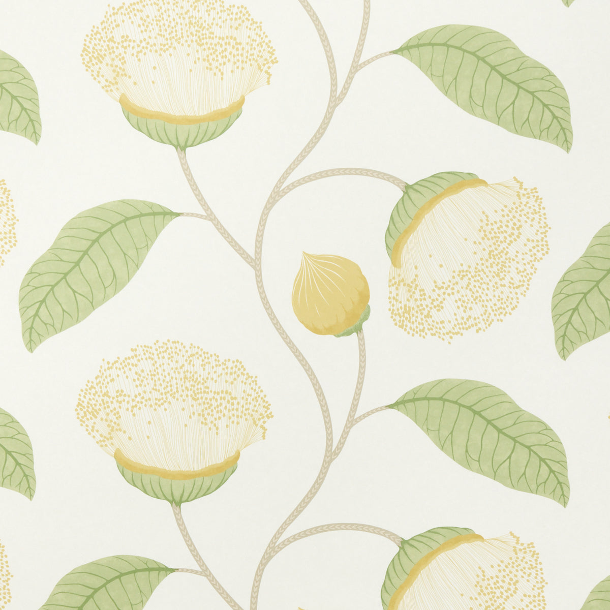 Cream background with twisting brown stems, pale yellow floral blooms and green leaves - botanical wallpaper/fabric pattern.