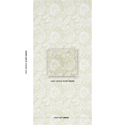 Cream damask floral wallpaper with pale ivory pattern; center sample swatch; 27 in width, 13.5 in horizontal repeat.