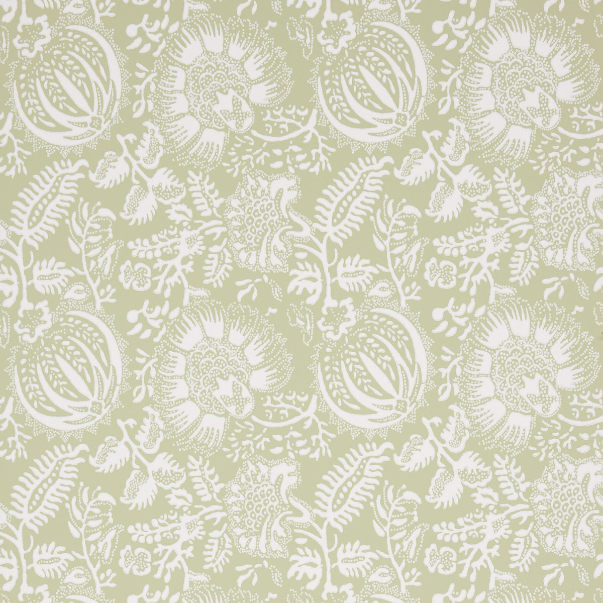 Olive-green damask fabric pattern with white ornate flowers and scrolling vines.