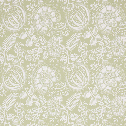 Olive-green damask fabric pattern with white ornate flowers and scrolling vines.
