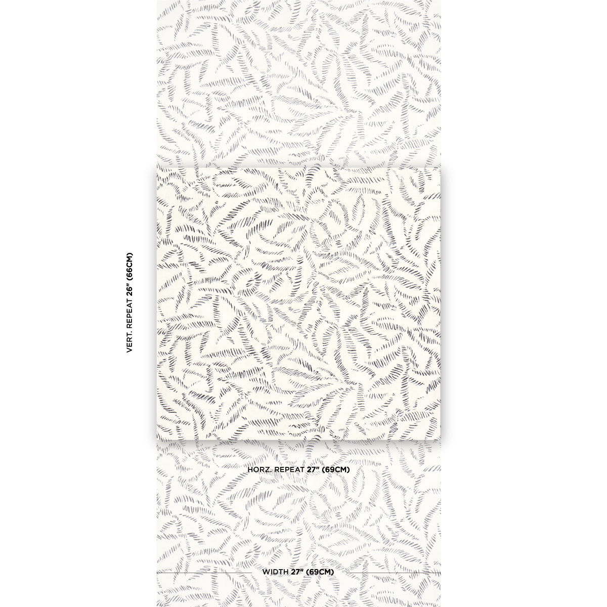 Cream fabric with subtle gray fern leaf pattern, rolled sample sheets for decor, lightweight textile.