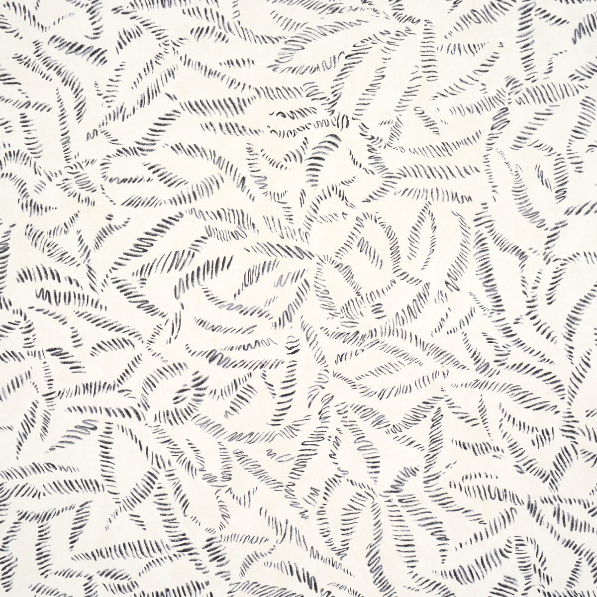Charcoal fabric with fern-like brushstroke pattern; modern, versatile textile for garments or decor