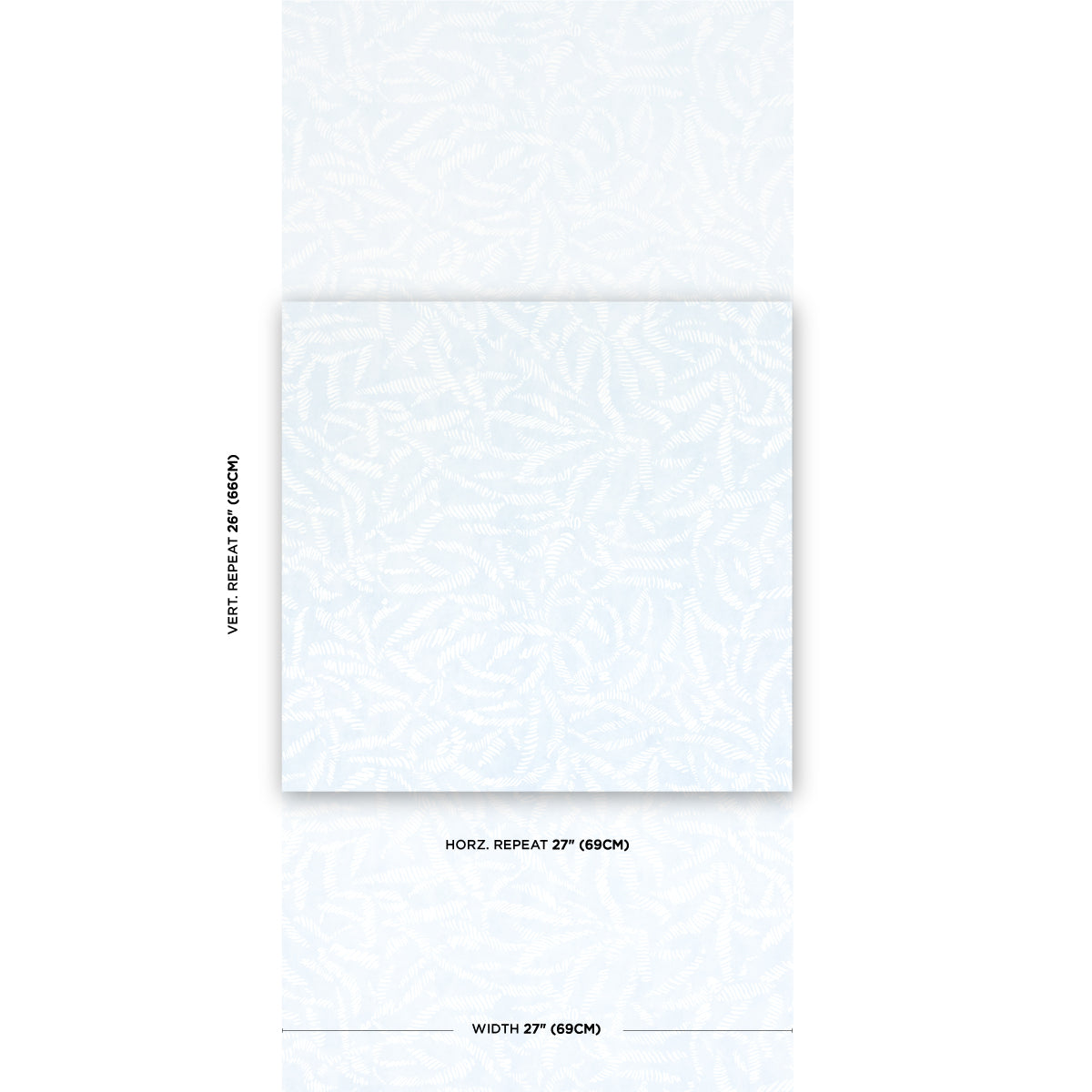Light blue leaf-pattern wallpaper sample, 27 in width, with subtle texture and fold lines.