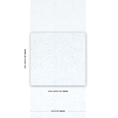 Light blue leaf-pattern wallpaper sample, 27 in width, with subtle texture and fold lines.
