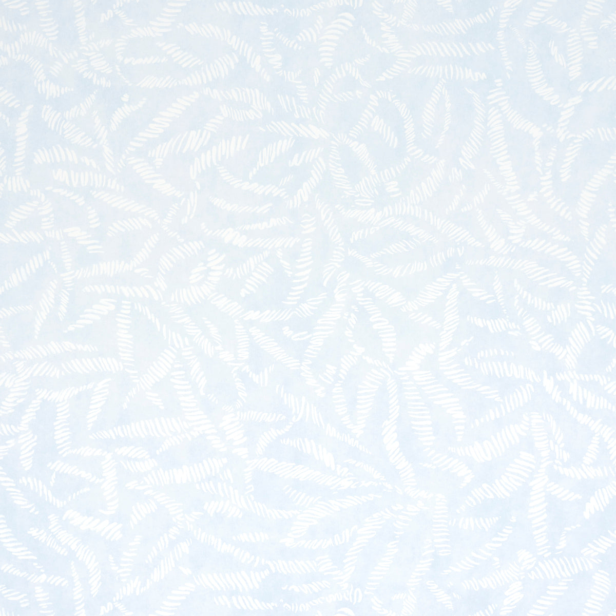 Pale blue fabric with white fern-like leaf pattern; airy botanical print for bedding or decor.