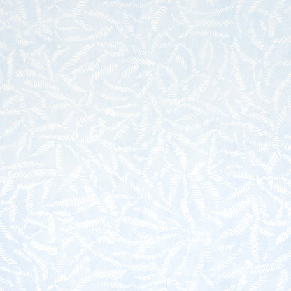 Pale blue fabric with white fern-like leaf pattern; airy botanical print for bedding or decor.