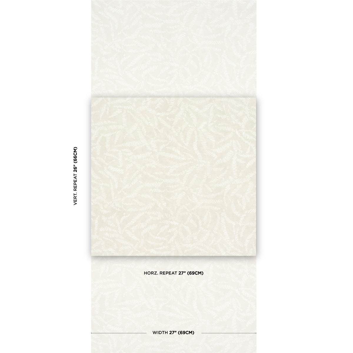 Cream wallpaper sample with subtle embossed leaf pattern; 27" wide with 27" horizontal repeat.