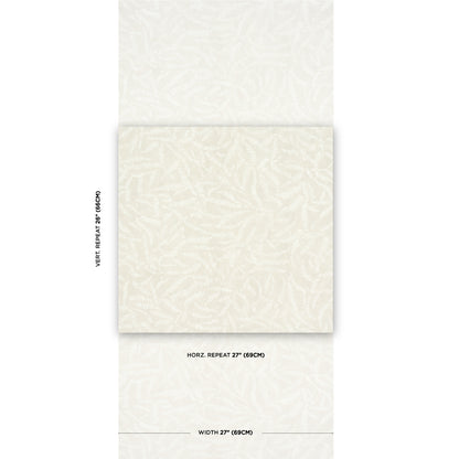 Cream wallpaper sample with subtle embossed leaf pattern; 27" wide with 27" horizontal repeat.
