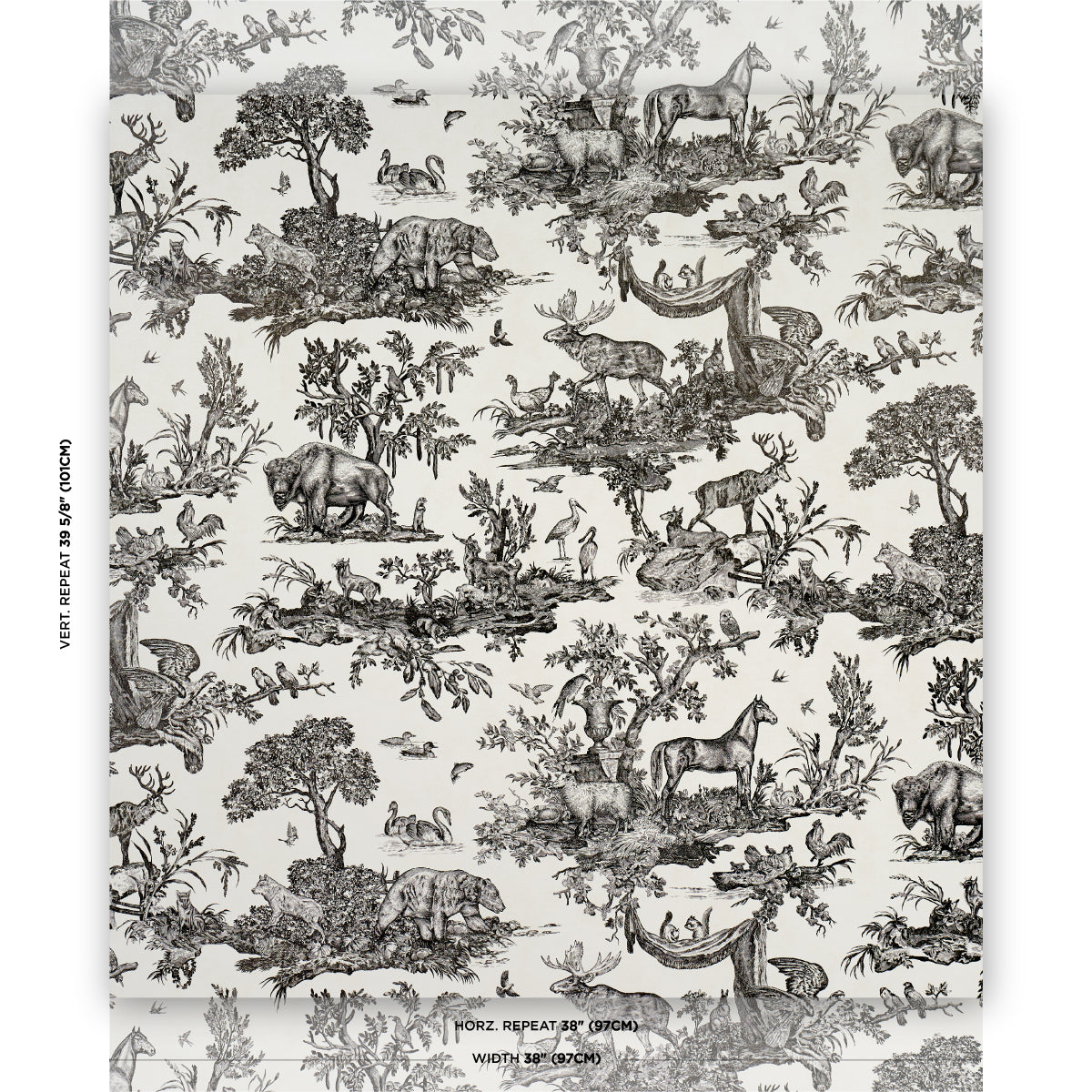 Toile de Jouy-style fabric in black on ivory, pastoral countryside scenes; versatile for upholstery & drapery