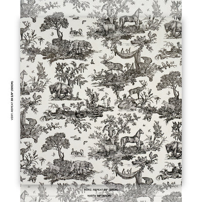 Toile de Jouy-style fabric in black on ivory, pastoral countryside scenes; versatile for upholstery & drapery