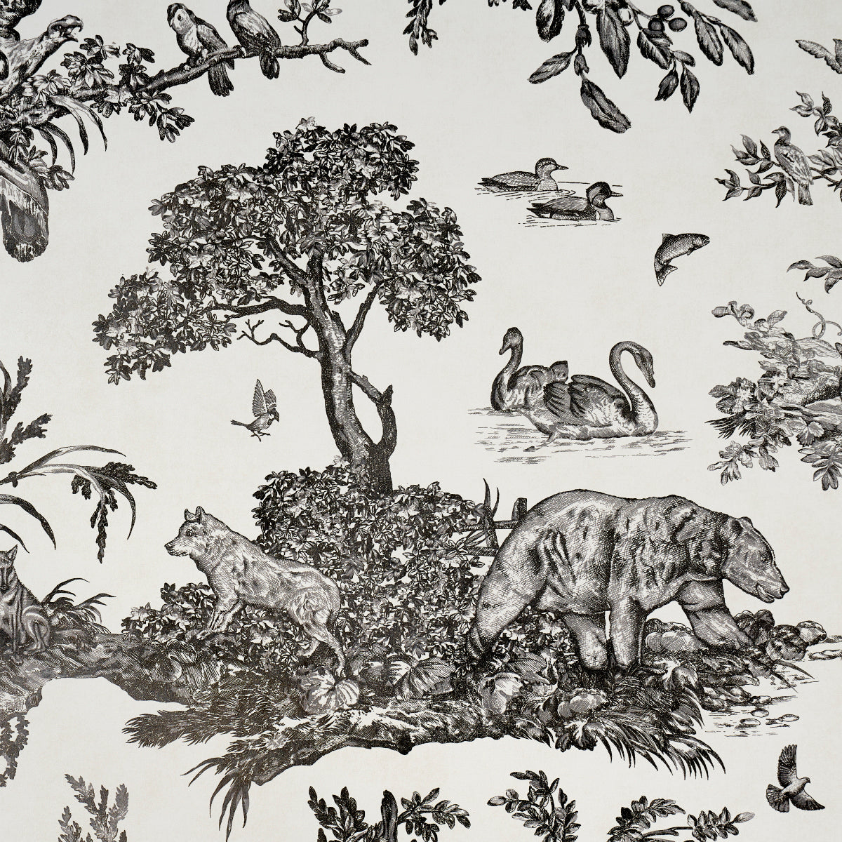 Monochrome toile print of woodland scene with trees, a wolf, a bear-like creature, swans, birds and foliage.