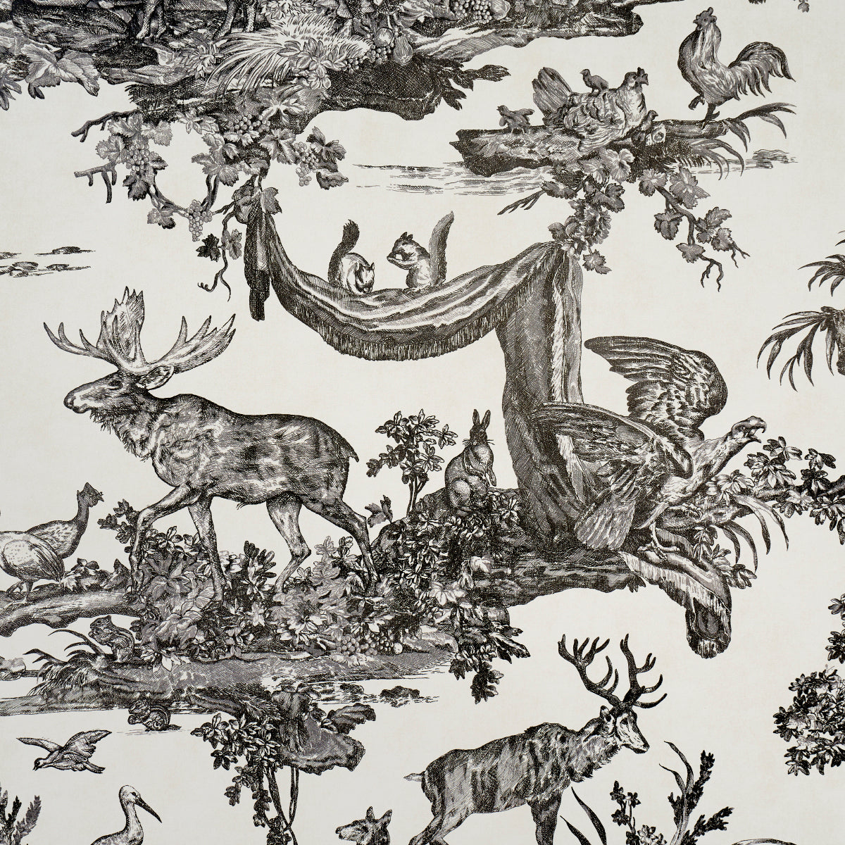 Monochrome black-on-white toile print on fabric: deer, moose, birds in a forest with a man in a hammock, engraving style.