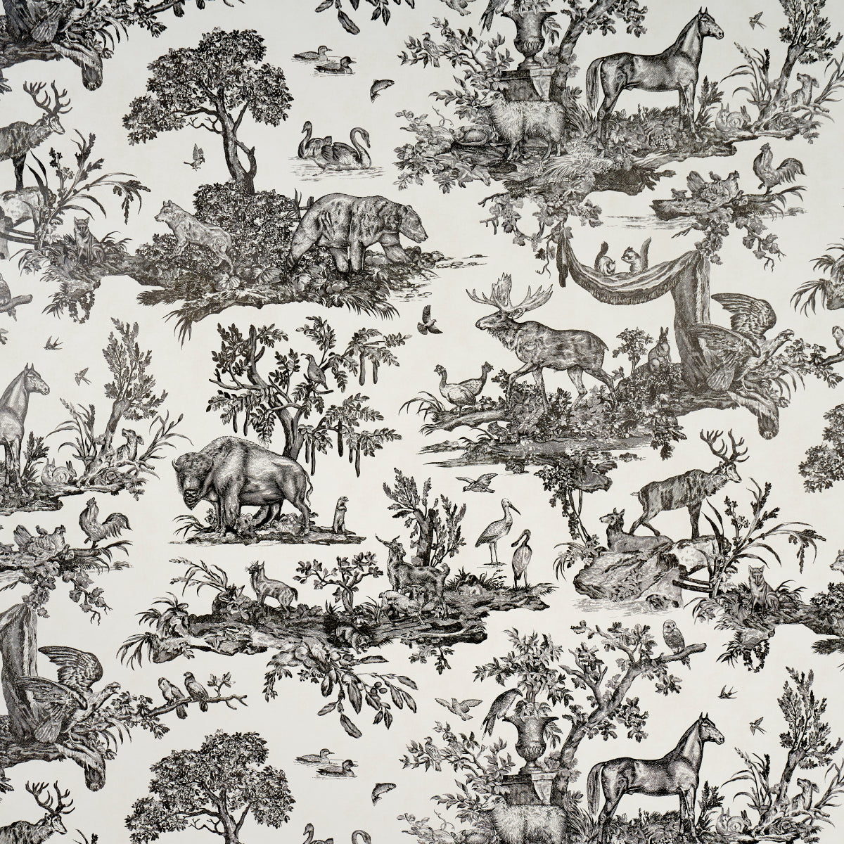 Black-and-white toile pattern fabric with deer, horses, elephants, birds and pastoral woodland scenes.