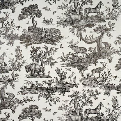 Black-and-white toile pattern fabric with deer, horses, elephants, birds and pastoral woodland scenes.