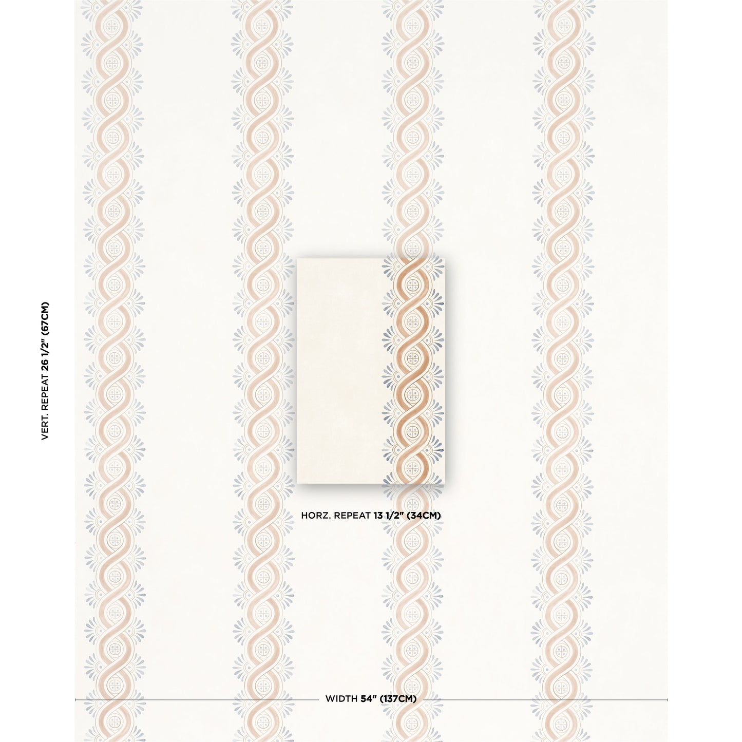 Beige wallpaper with peach interlocking loops and pale blue sunbursts; center white swatch; 54 inch width, 13.5 inch repeat.