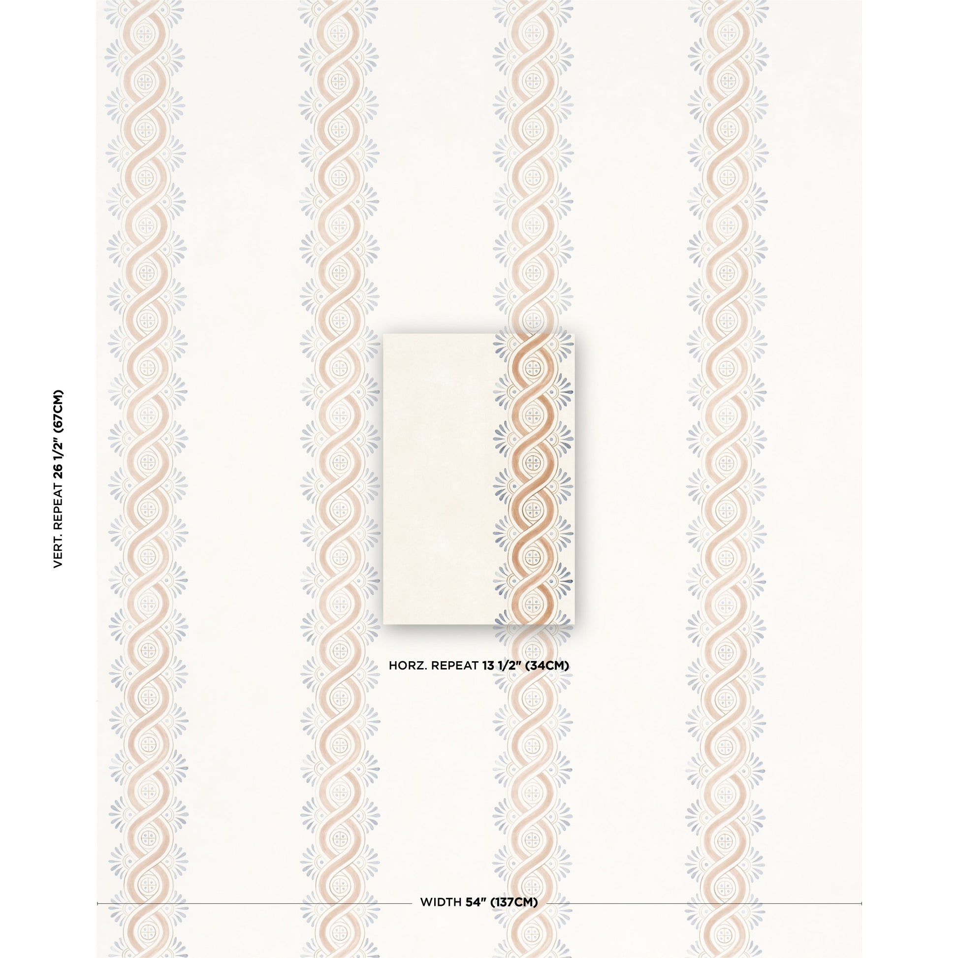 Beige wallpaper with peach interlocking loops and pale blue sunbursts; center white swatch; 54 inch width, 13.5 inch repeat.