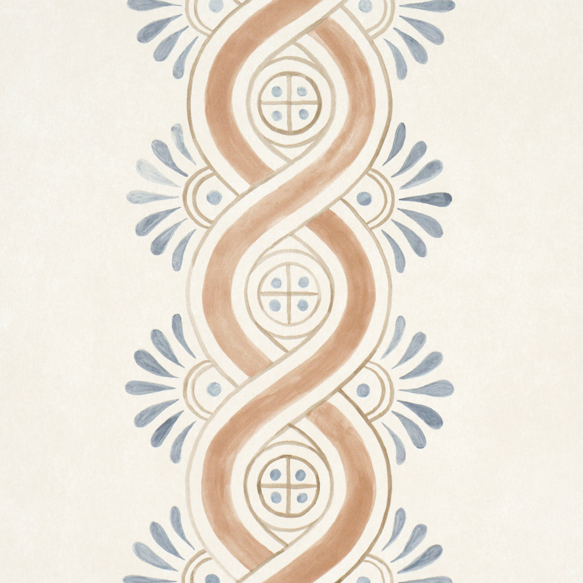 Vertical decorative border with tan intertwined ribbons, blue petal accents and circular medallions on pale beige.