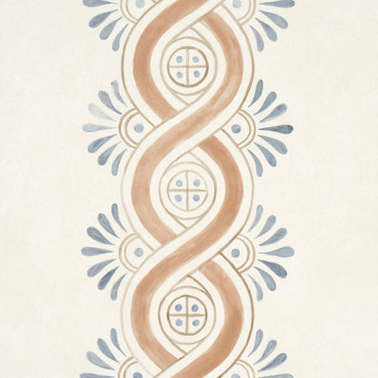 Vertical decorative border with tan intertwined ribbons, blue petal accents and circular medallions on pale beige.