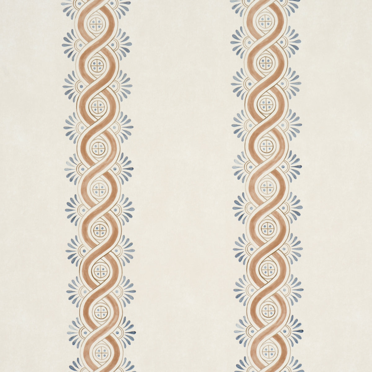Cream wallpaper with repeating vertical orange-brown braids, circular medallions & blue floral accents.