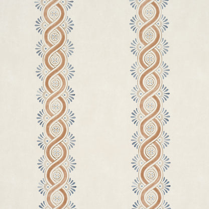 Cream wallpaper with repeating vertical orange-brown braids, circular medallions & blue floral accents.