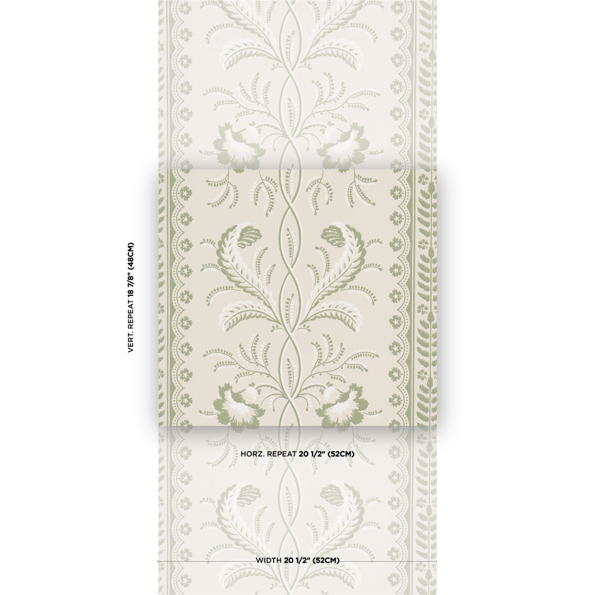 Cream wallpaper roll with pale green damask floral motif and bordered scroll trim.