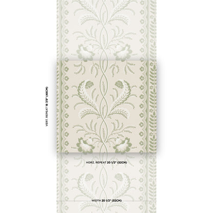 Cream wallpaper roll with pale green damask floral motif and bordered scroll trim.