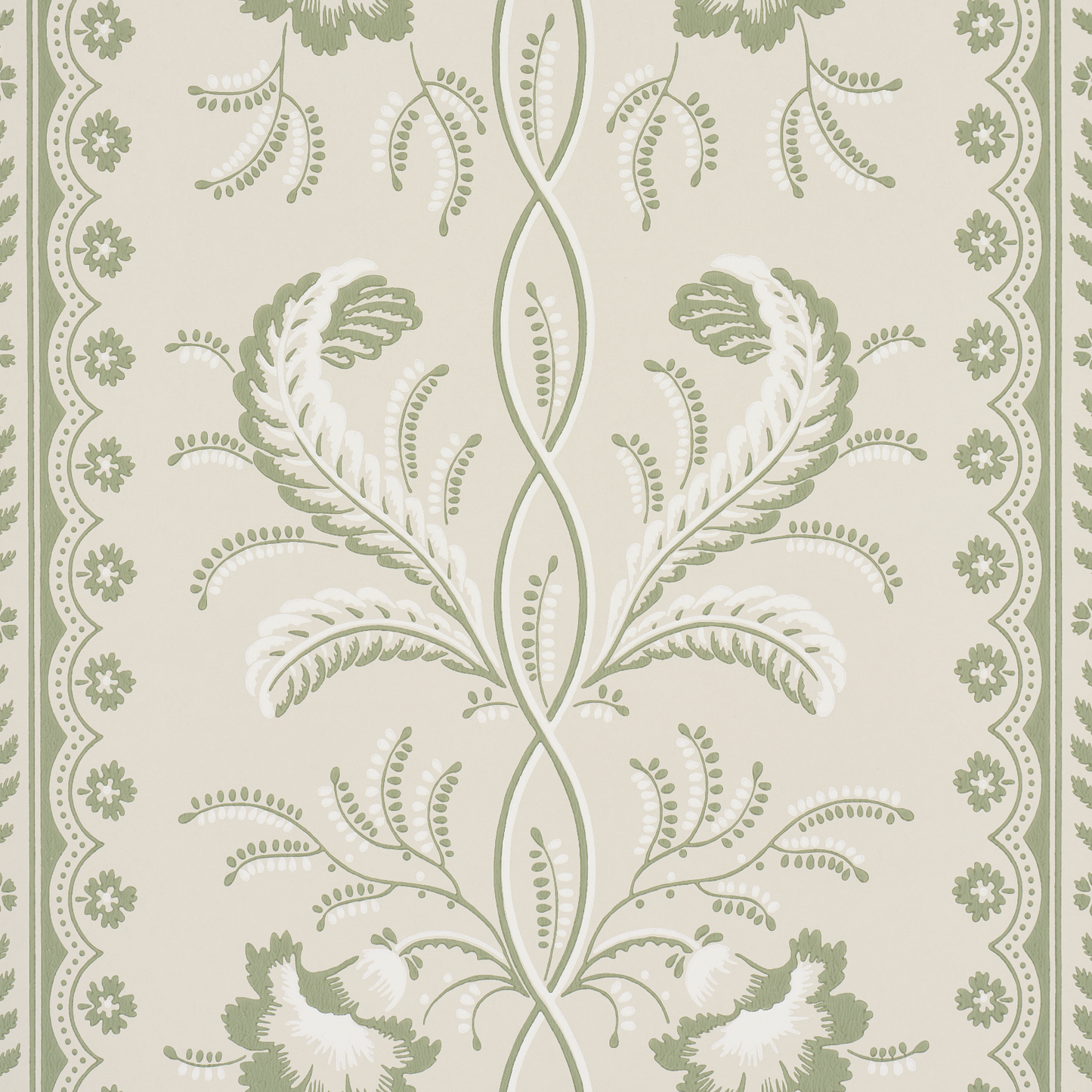 Cream wallpaper with sage green damask botanical pattern and scalloped border, vintage elegant style.