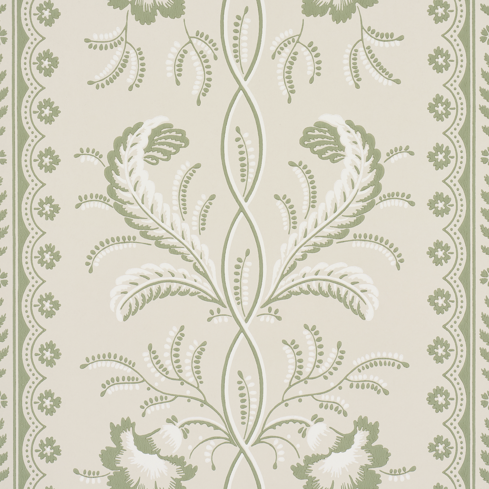 Cream wallpaper with sage green damask botanical pattern and scalloped border, vintage elegant style.