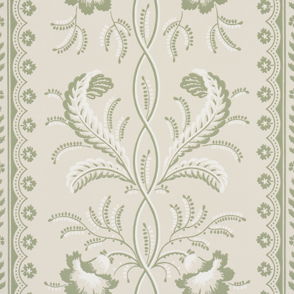 Cream wallpaper with sage green damask botanical pattern and scalloped border, vintage elegant style.