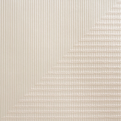Beige ribbed fabric with vertical lines on the left and a diagonal stepped panel texture on the right.