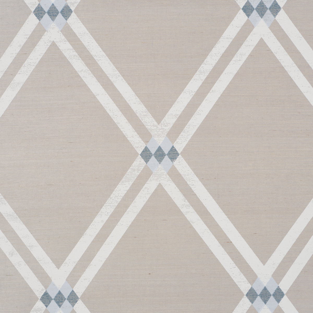 Beige geometric rug featuring white lattice diamonds with blue-gray accent diamonds at intersections.