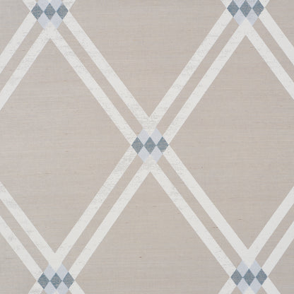 Beige geometric rug featuring white lattice diamonds with blue-gray accent diamonds at intersections.