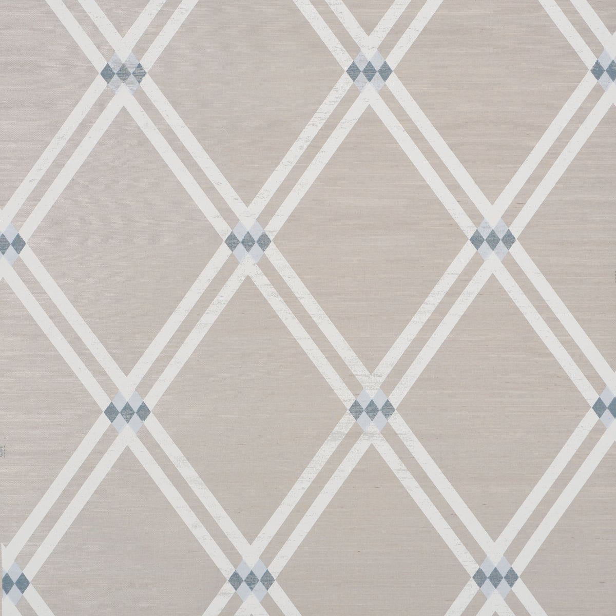 Beige fabric with white diagonal diamond lattice and pale blue-gray intersections; geometric wallpaper or upholstery pattern