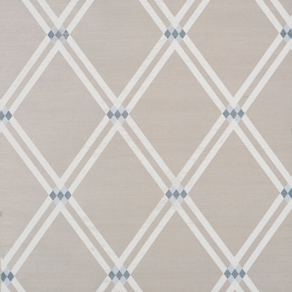 Beige fabric with white diagonal diamond lattice and pale blue-gray intersections; geometric wallpaper or upholstery pattern