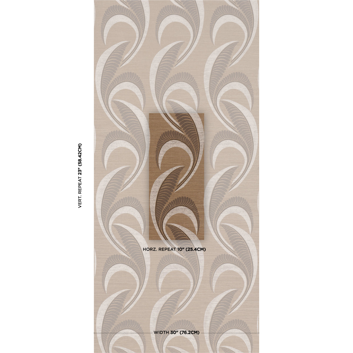 Beige wallpaper with flowing taupe leaf motif; central darker brown swatch shows color variant.