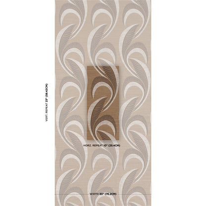 Beige wallpaper with flowing taupe leaf motif; central darker brown swatch shows color variant.