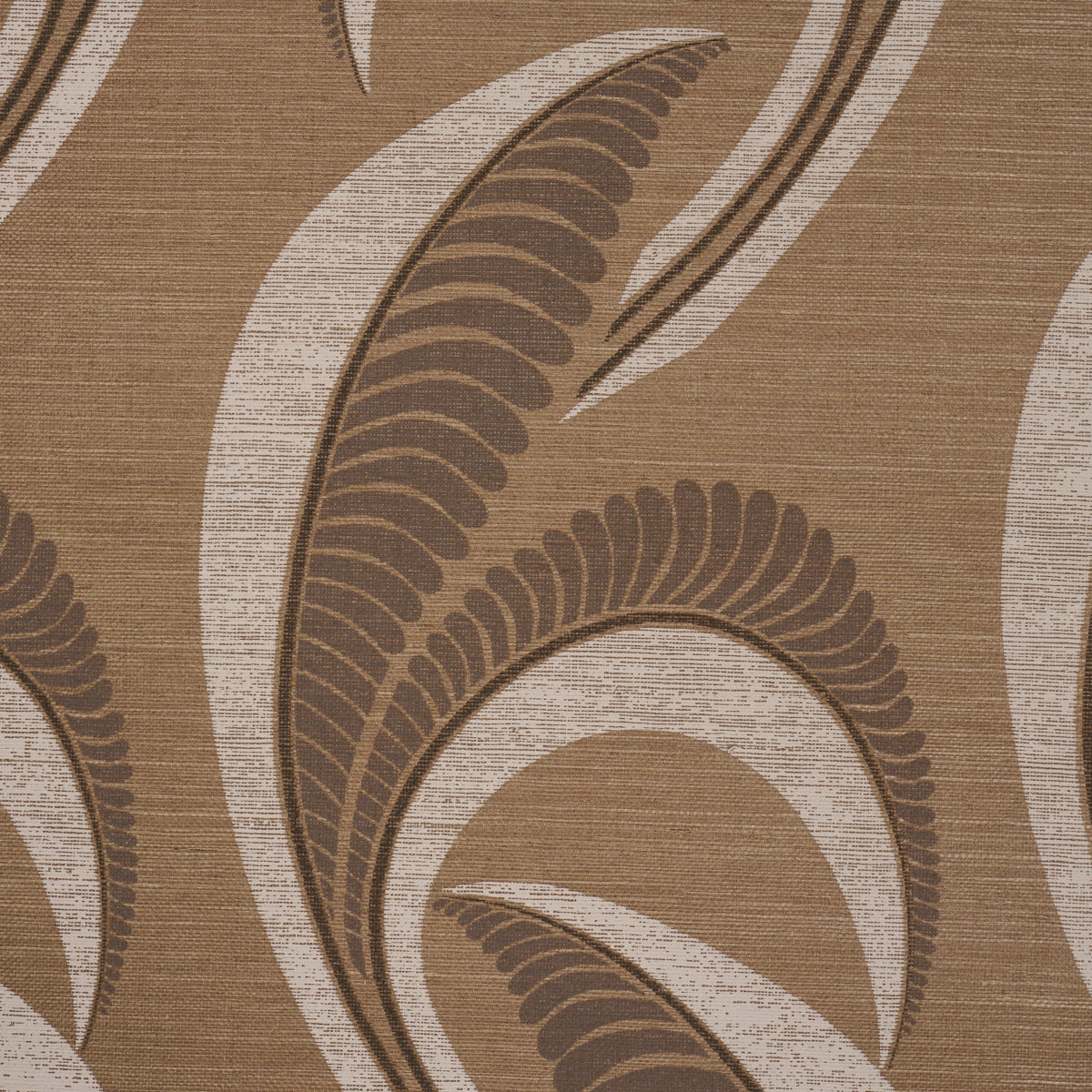 Brown & beige damask-pattern upholstery fabric with sweeping leaf motifs & textured weave.