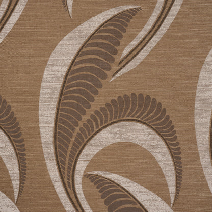 Brown & beige damask-pattern upholstery fabric with sweeping leaf motifs & textured weave.